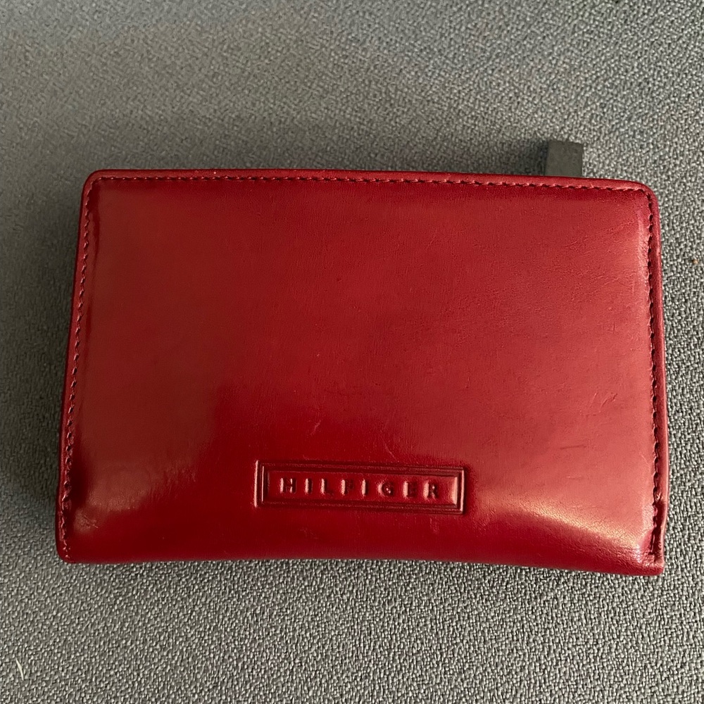 Tommy Hilfiger Red Leather Card Holder with Embossed Logo